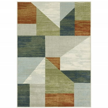 HomeRoots Grey Teal Rust Green And Ivory Geometric Power Loom Stain Resistant Area Rug