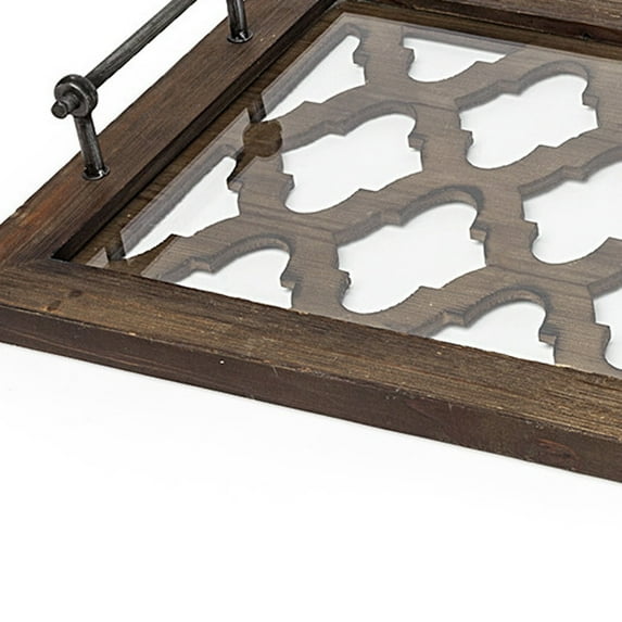 HomeRoots Home Decor 376037 Wood & Metal Quatrefoil Pattern Glass Bottom Tray, Brown - Medium