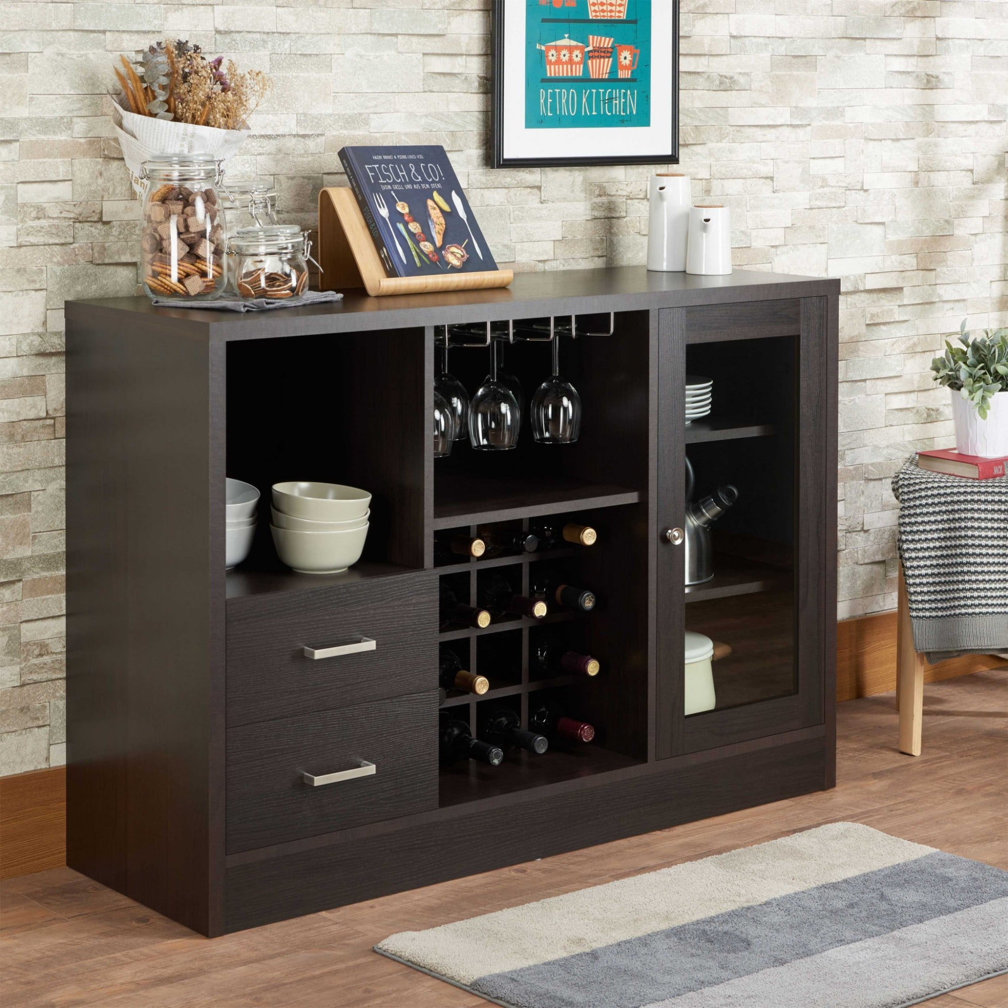 Espresso Wood Server with Glass Door and Wine Rack