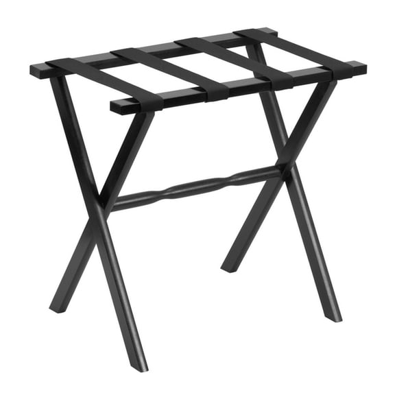 HomeRoots 383079 Hotel Black Finish Wood Folding Luggage Rack with Black Straps