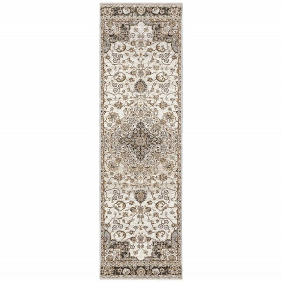 HomeRoots Ivory And Blue Oriental Power Loom Stain Resistant Runner Rug With Fringe