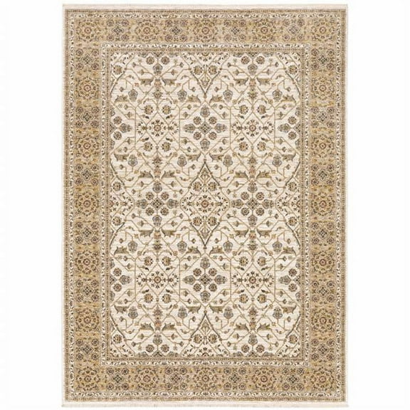 HomeRoots Ivory And Gold Oriental Power Loom Stain Resistant Area Rug With Fringe