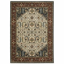 HomeRoots Ivory Beige Gold Green And Navy Oriental Power Loom Stain Resistant Area Rug