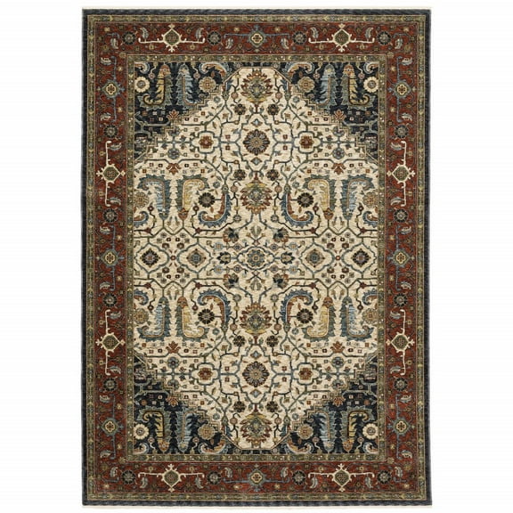 HomeRoots Ivory Beige Gold Green And Navy Oriental Power Loom Stain Resistant Area Rug