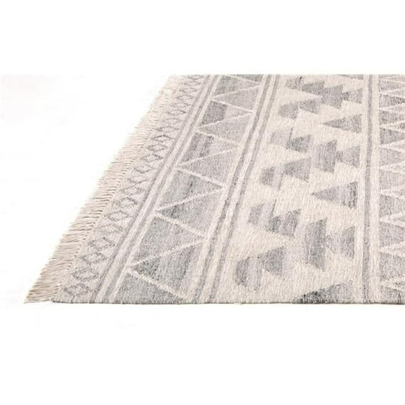 8' X 10' Ivory Gray And Blue Wool Geometric Dhurrie Flatweave Handmade Area Rug With Fringe