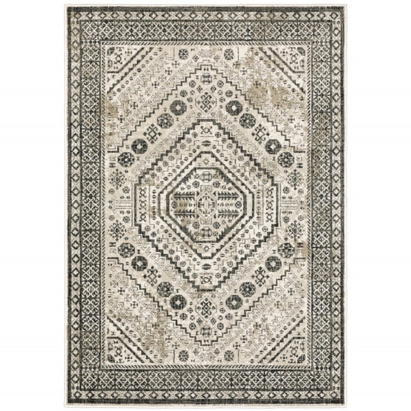 HomeRoots Ivory Grey Black And Ivory Oriental Power Loom Stain Resistant Area Rug