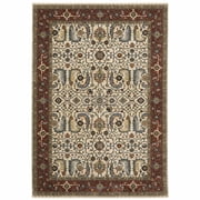 10 X 13 Ivory Red Green Grey Blue And Navy Oriental Power Loom Stain Resistant Area Rug With Fringe