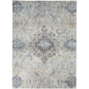 HomeRoots Ivory Taupe And Blue Floral Power Loom Distressed Stain Resistant Area Rug
