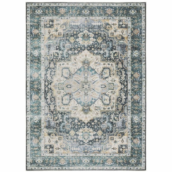 4 x 6 ft. Blue Ivory Teal Brown & Gold Oriental Printed Stain Resistant Non Skid Rectangle Area Rug - Blue and Ivory - 4 x 6 ft.