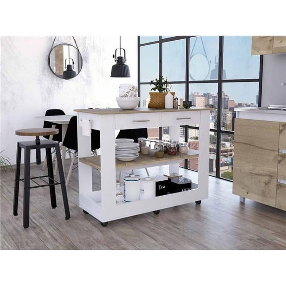 HomeRoots Kitchen Island with Drawer Shelves & Casters Light Oak & White
