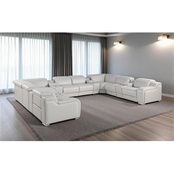 HomeRoots 632552 Light Gray Italian Leather Power Reclining U Shaped 12 Piece Corner Sectional with Console