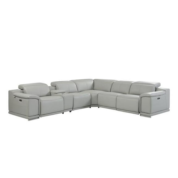 HomeRoots Light Gray Italian Leather Power Reclining U Shaped Six Piece Corner Sectional
