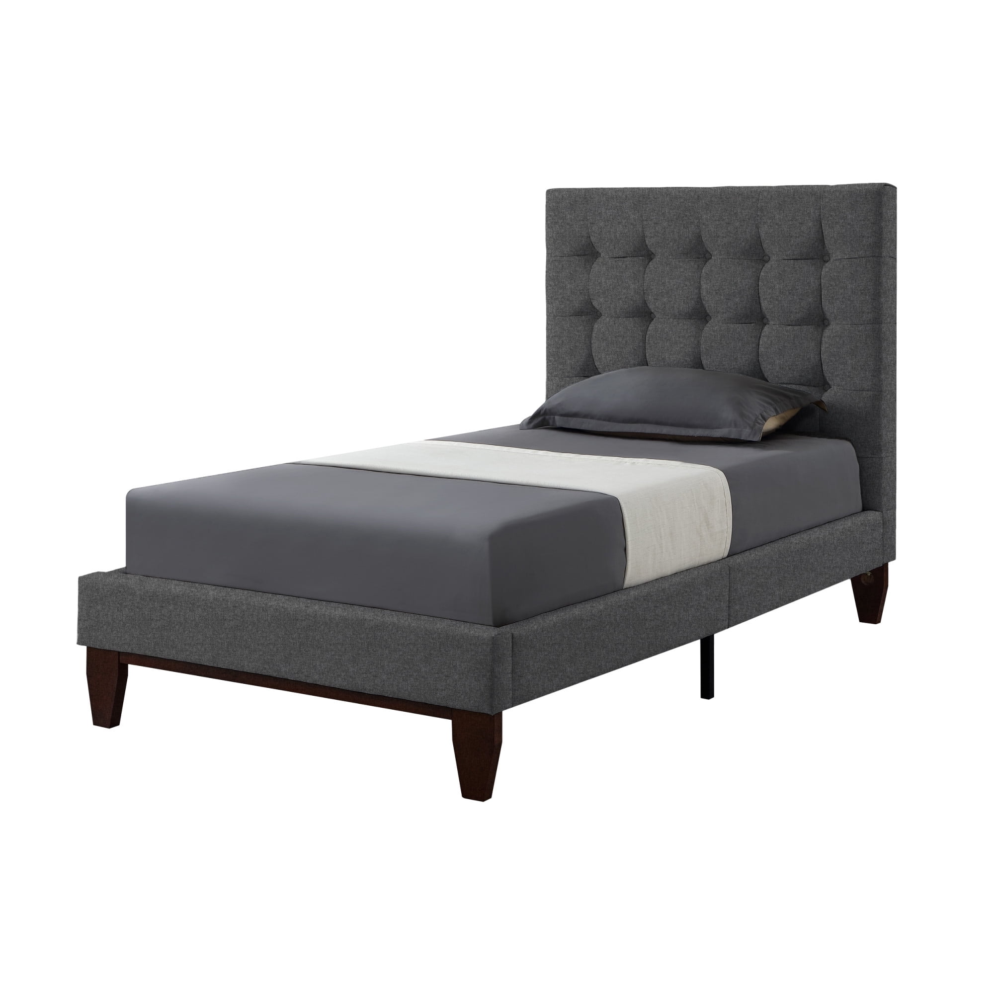 HomeRoots Light Gray Solid Wood Full Tufted Upholstered Linen Bed
