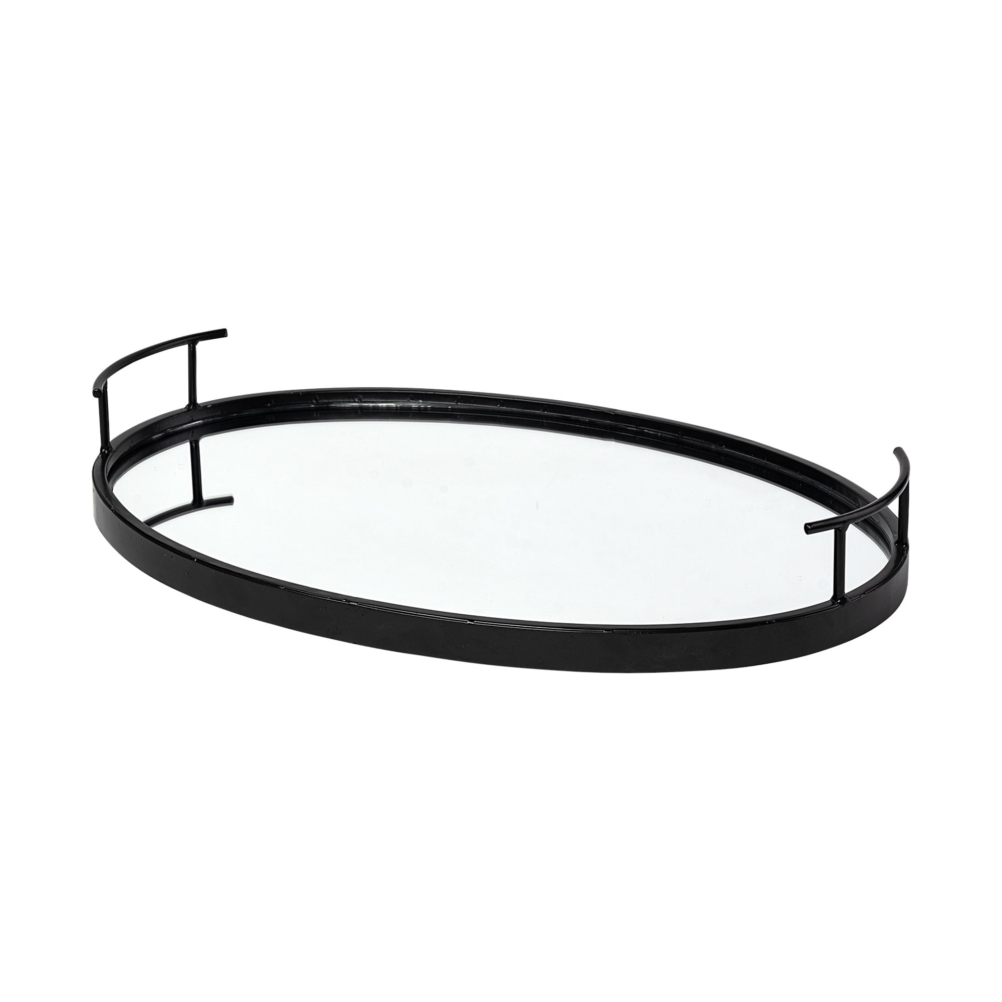 Matte Black Metal With Two Handle Both Sides And Mirrored Glass Bottom Tray Matte Black Metal With Two Handle Both Sides And Mirrored Glass Bottom Tray