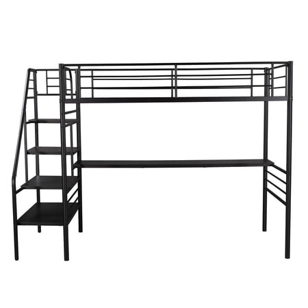 HomeRoots Mod Black Twin Size Metal Loft Bed with Desk and Stairs