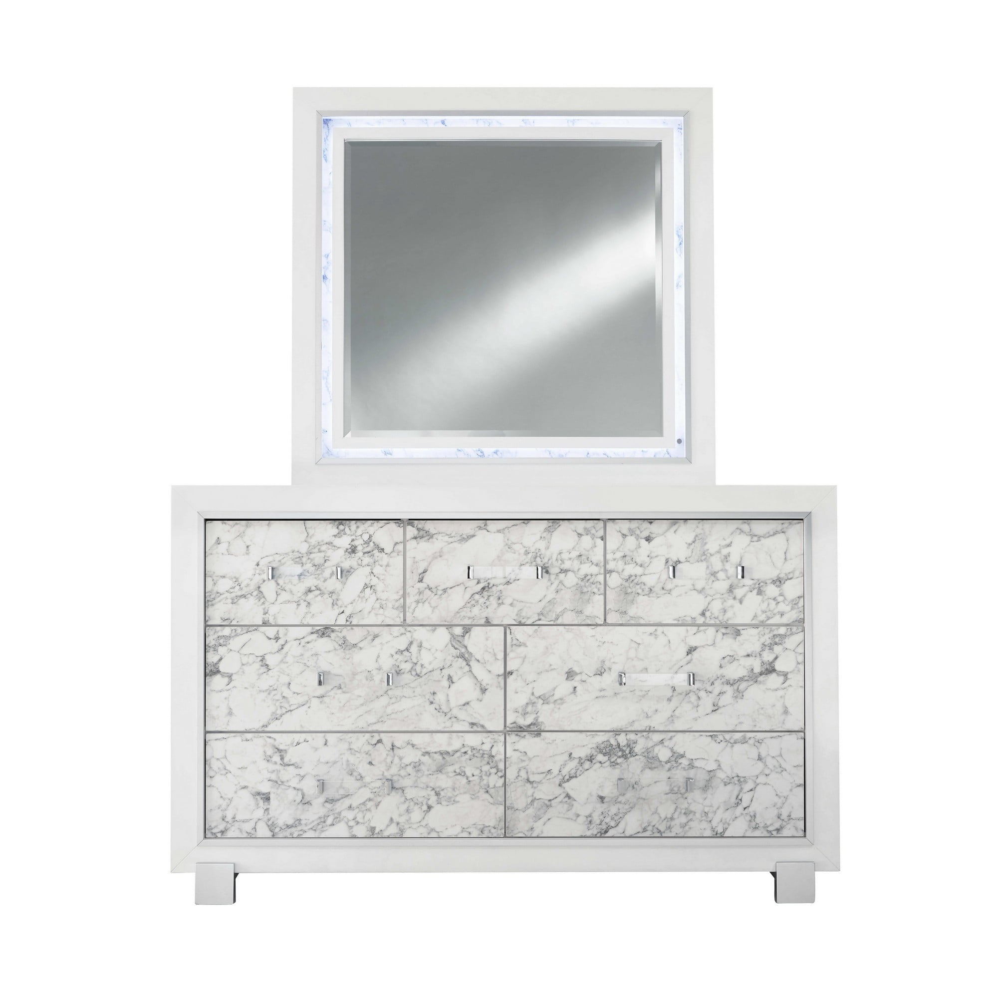 Modern White Dresser with Faux Marble Drawers and Mirror