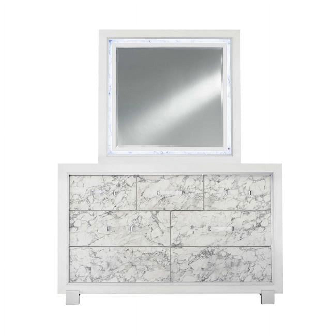 Modern White Dresser with Faux Marble Drawers and Mirror