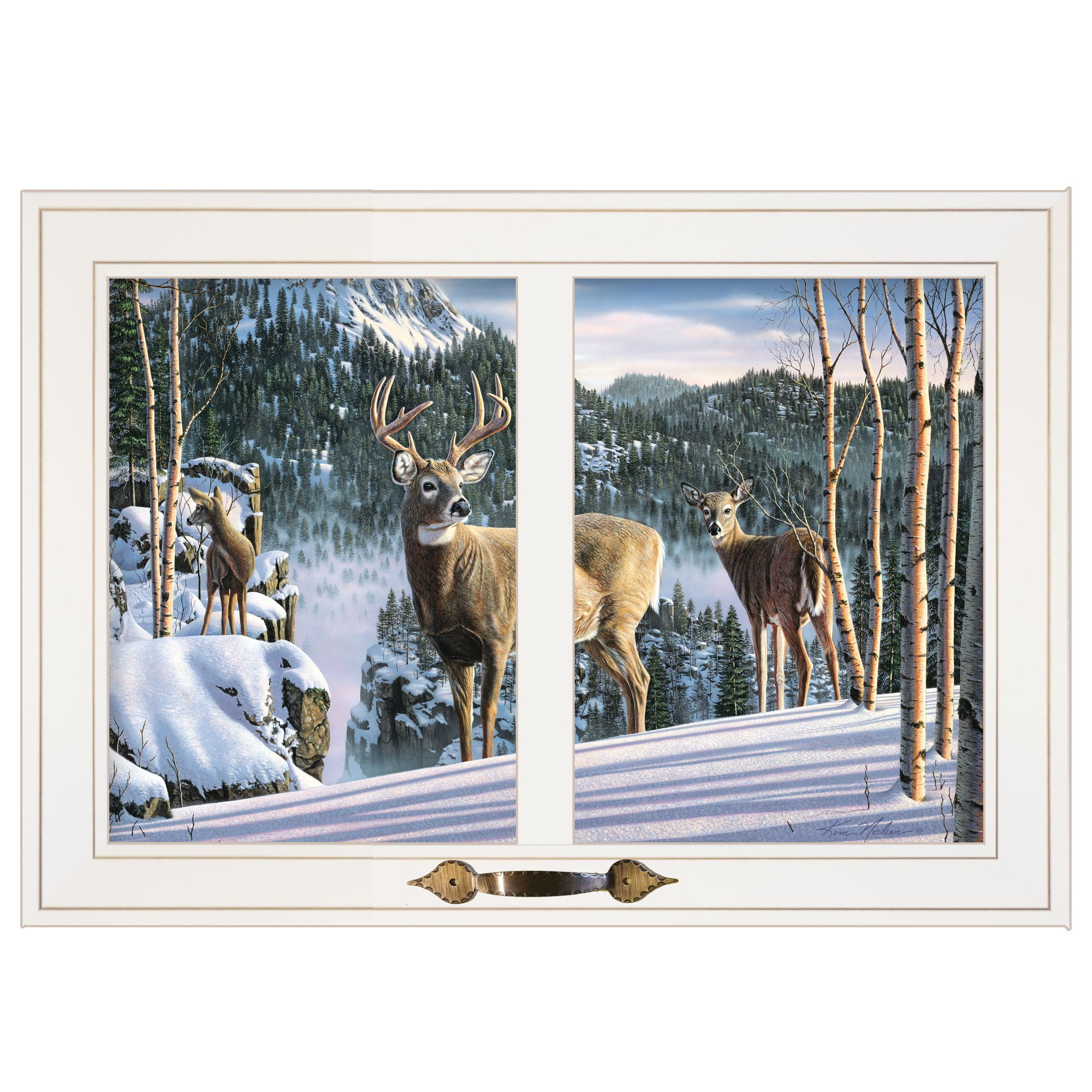Winter Forest Deer Scene White Framed Print Wall Art