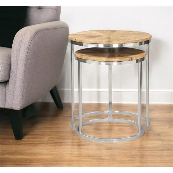 HomeRoots 576792 Natural & Silver Solid Wood & Iron Round Frame Nested Tables - Set of 2