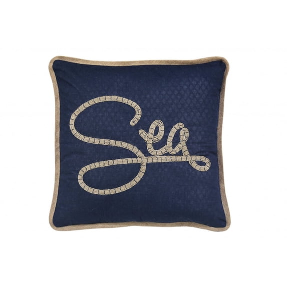 17" X 17" Navy Blue And Brown Text Zippered Polyester And Burlap Blend Throw Pillow With Embroidery