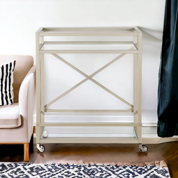 HomeRoots Nickel Steel And Glass Rolling Bar Cart