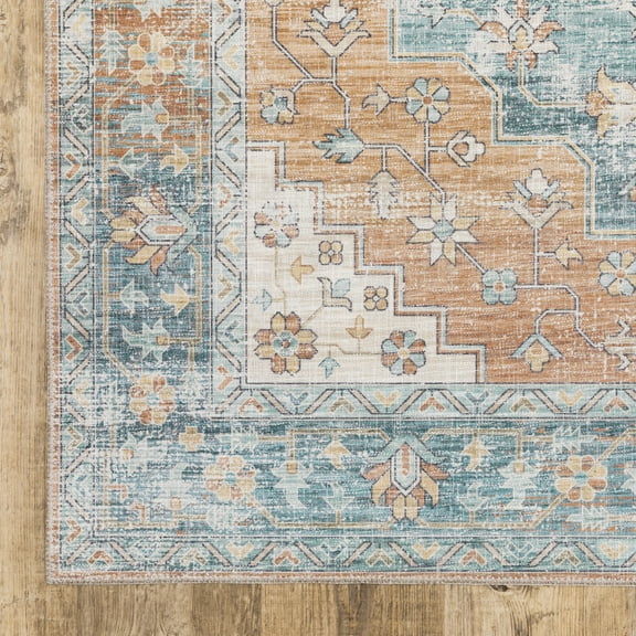 HomeRoots Orange Blue Teal Green And Beige Oriental Power Loom Stain Resistant Area Rug
