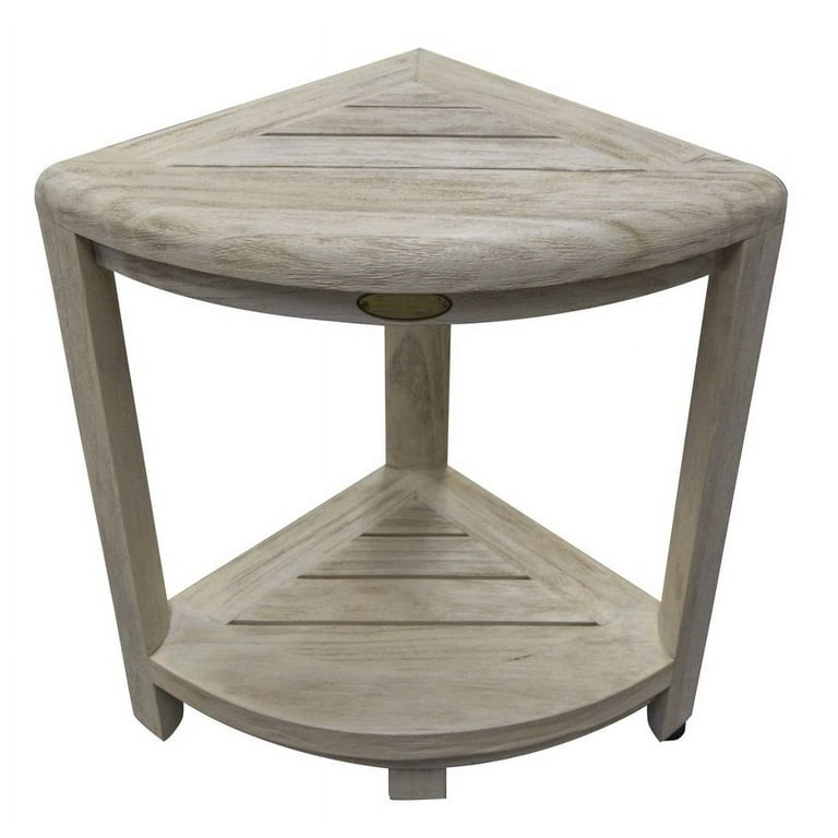 Compact Teak Corner Shower Stool with Shelf in Whitewash Finish Compact Teak Corner Shower Stool with Shelf in Whitewash Finish