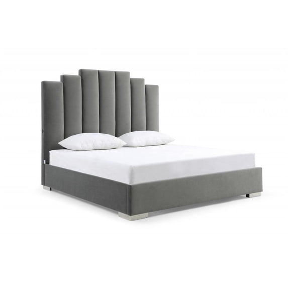 HomeRoots 486081 67 x 64 x 87 in. Queen Size Gray Upholstered Vertical Channel Velvet Bed with USB