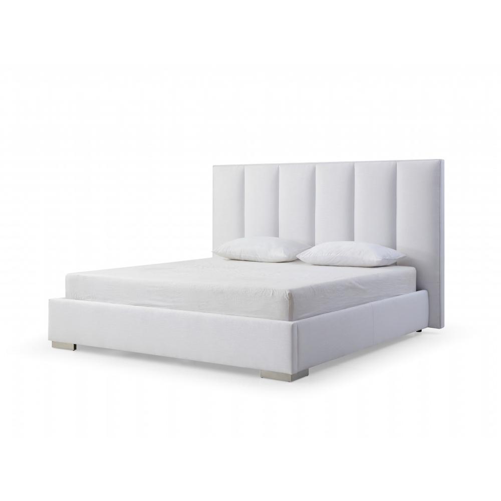 HomeRoots 55 x 72 x 87 in. Queen Size White Upholstered Channel Tufted Velvet Bed Frame