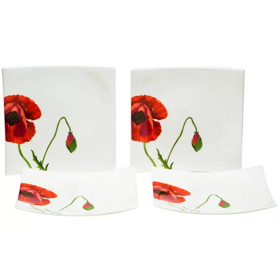 HomeRoots Red And White Six Piece Square Floral Bone China Service For Six Salad Plate Set