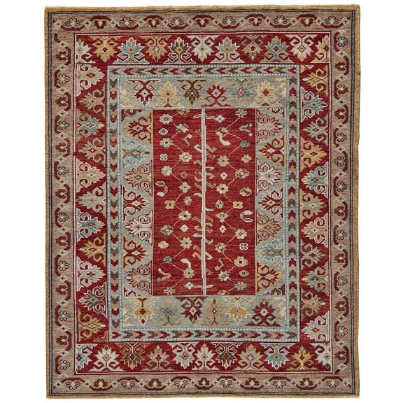 HomeRoots Red Blue And Brown Wool Floral Hand Knotted Distressed Stain Resistant Area Rug
