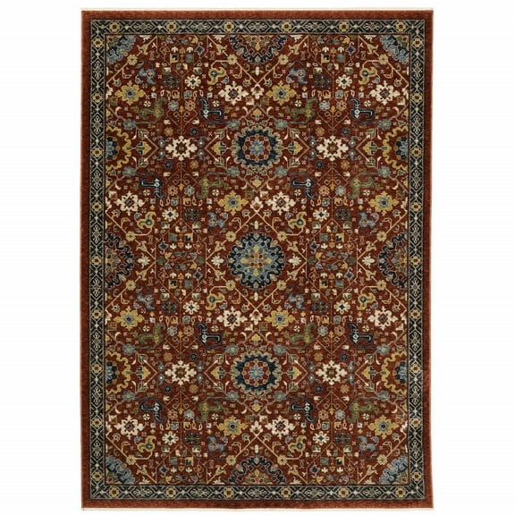 HomeRoots Red Blue Gold And Ivory Oriental Power Loom Stain Resistant Area Rug With Fringe