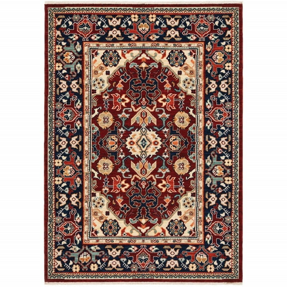 HomeRoots Red Blue Orange And Beige Oriental Power Loom Stain Resistant Area Rug