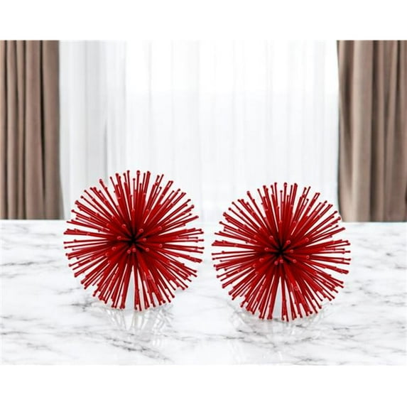 HomeRoots 568888 Red Iron Decorative Spiky Sphere Tabletop Sculpture - Set of 2