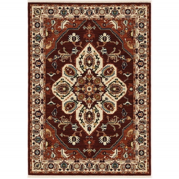 HomeRoots Red Ivory Orange And Blue Oriental Power Loom Stain Resistant Area Rug