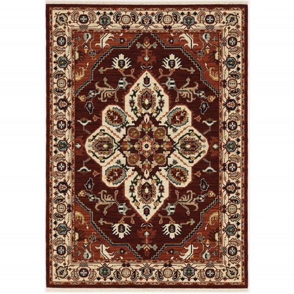 8' X 11' Red Ivory Orange And Blue Oriental Power Loom Stain Resistant Area Rug With Fringe