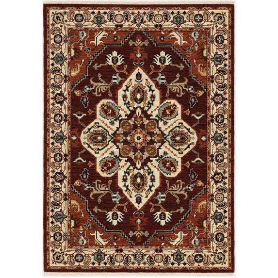 HomeRoots 509240 2 x 3 ft. Red Ivory Orange & Blue Oriental Power Loom Stain Resistant Rectangle Area Rug with Fringe