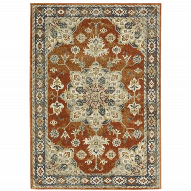 HomeRoots Rust Beige Teal Blue And Gold Oriental Power Loom Stain Resistant Area Rug