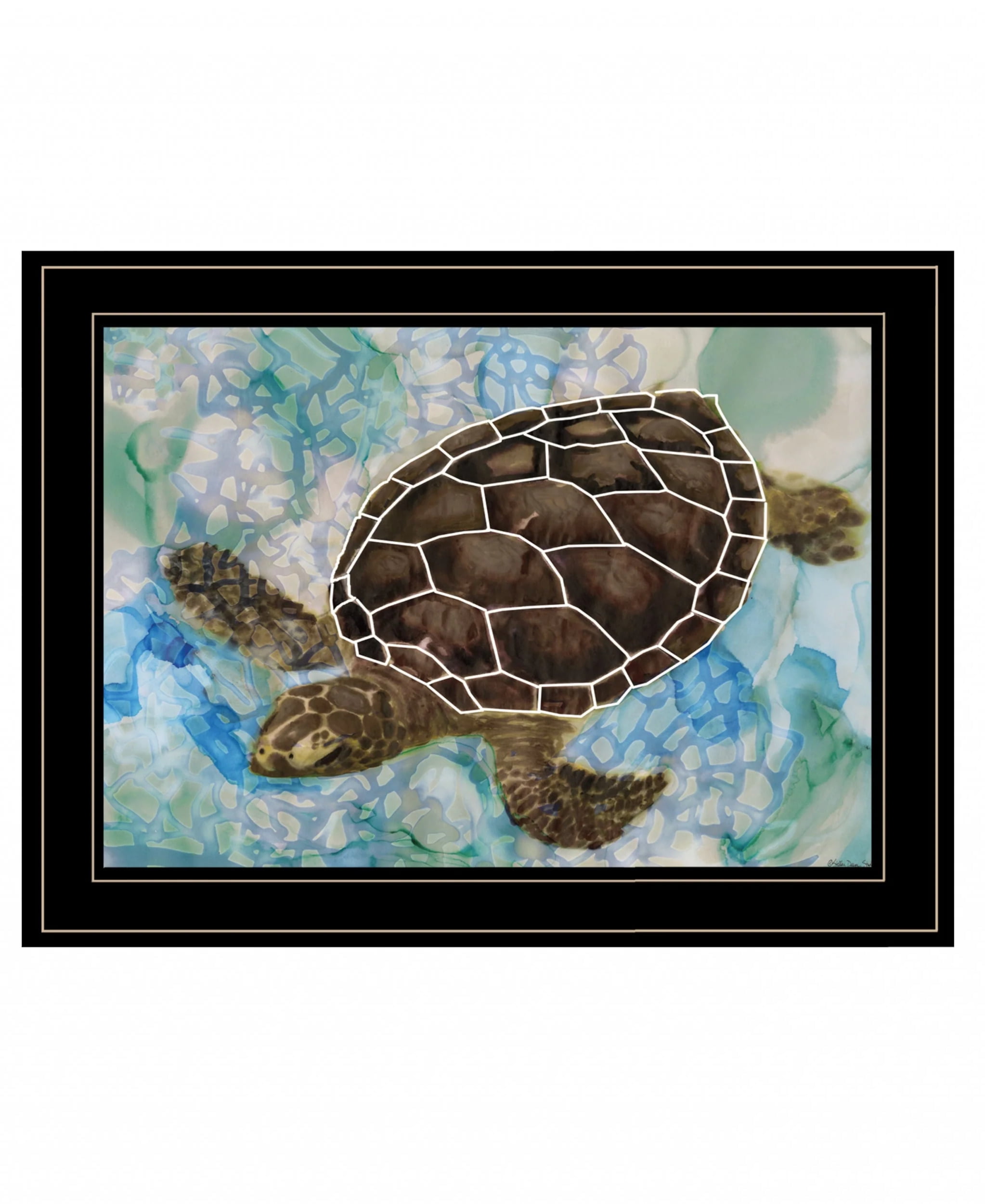 Black Framed Sea Turtle Print Wall Art on Wood