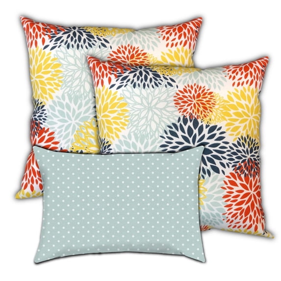 Set Of Three 18" X 18" Seafoam And White Blown Seam Floral Throw Indoor Outdoor Pillow