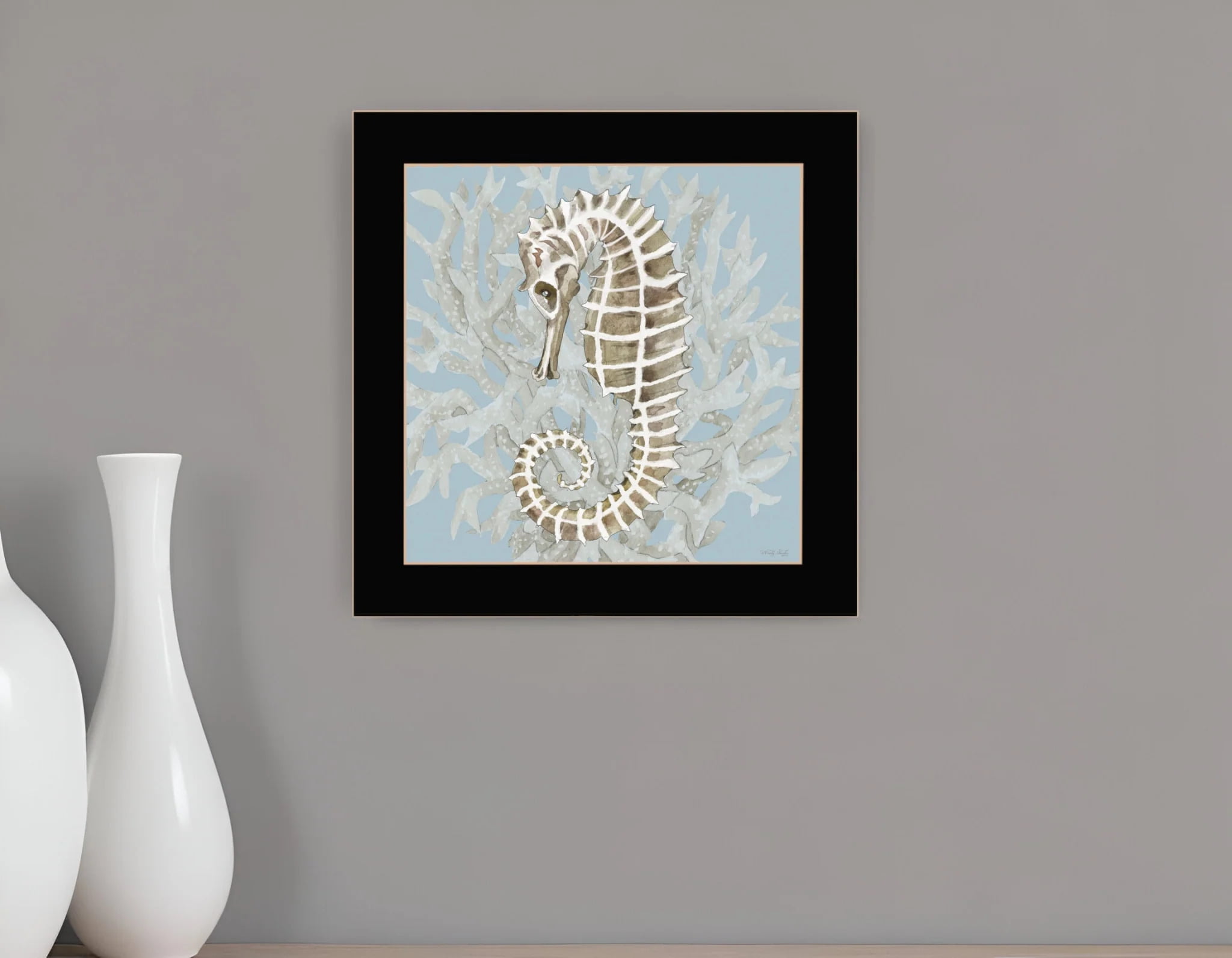 Seahorse and Coral Black Framed Coastal Wall Art