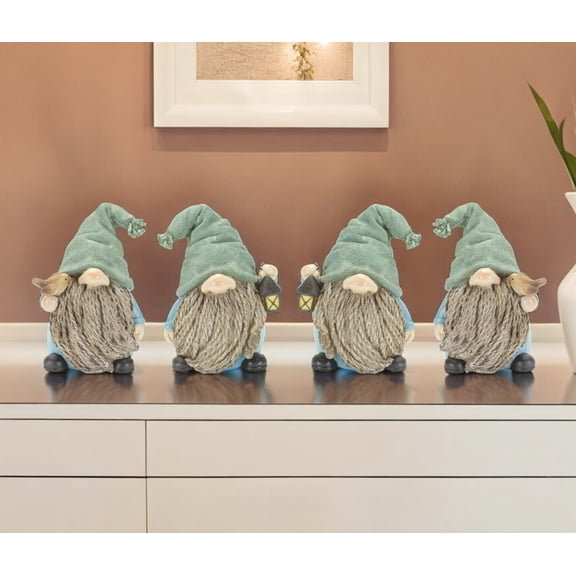 Set of Four Blue and Green Polyresin Garden Gnome Tabletop Sculptures