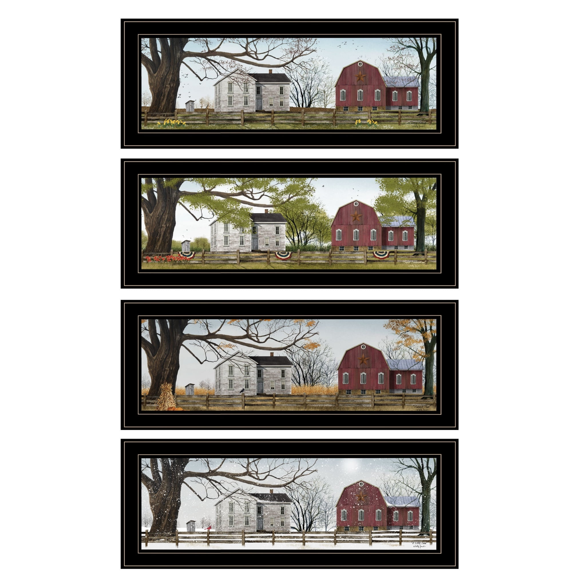 Set of Four Black Framed Seasonal Farmhouse Prints