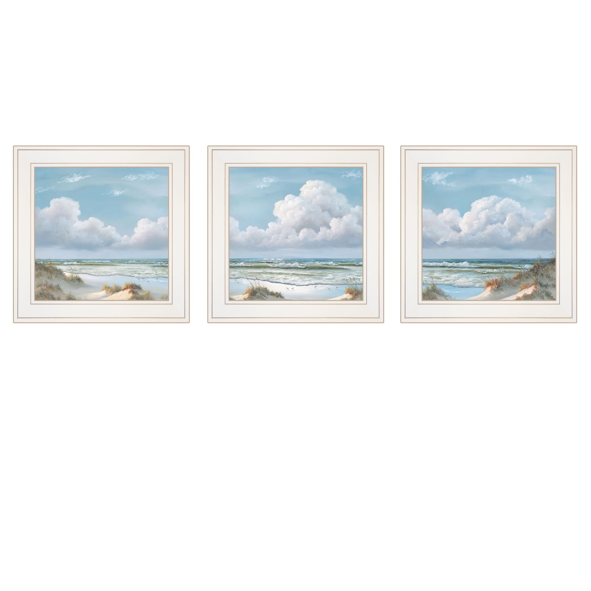 Set of Three Coastal Blue and White Framed Canvas Prints