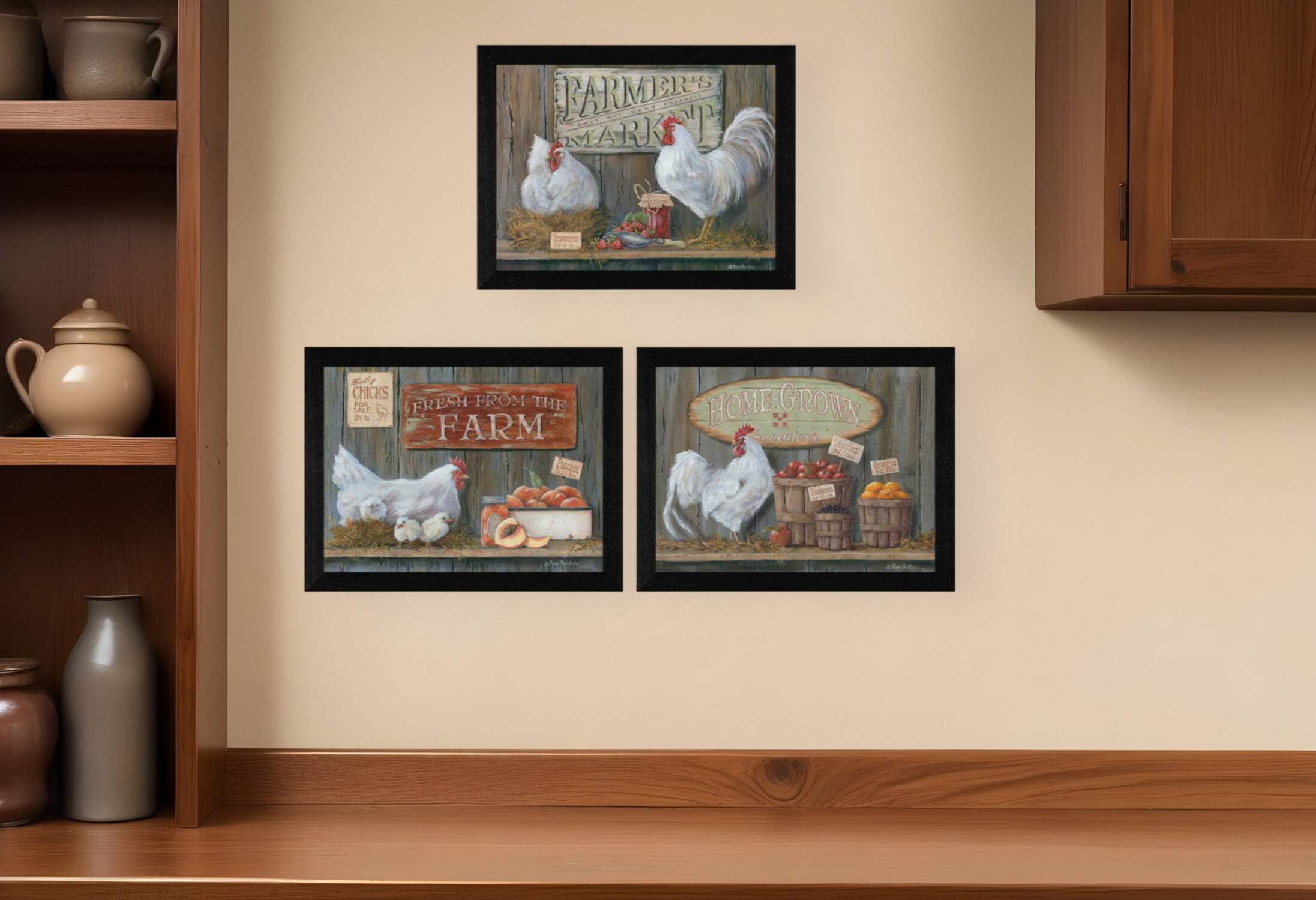 Farmers Market Black Framed Rooster Print Wall Art Set