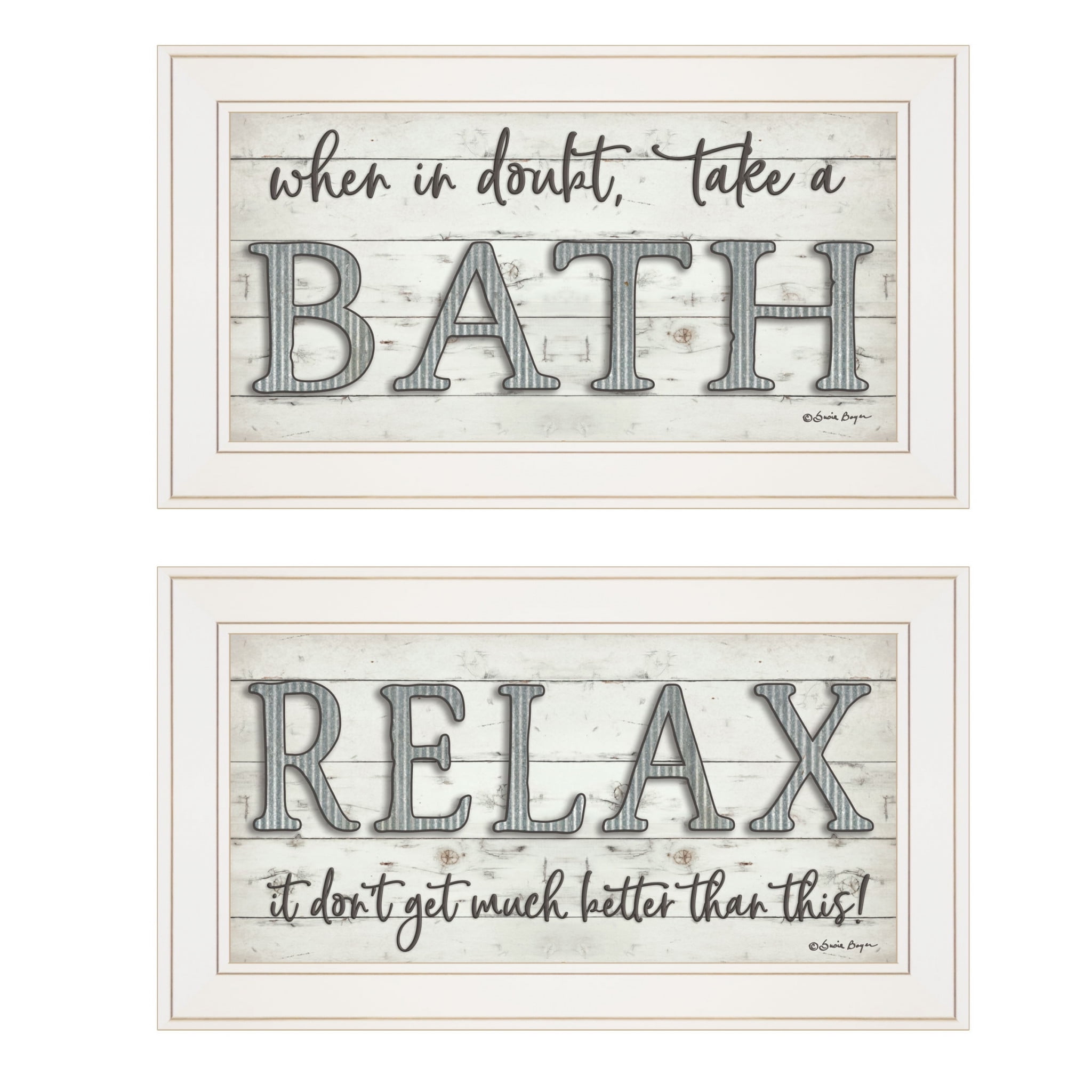 White Framed Relax and Bath Quote Canvas Wall Art Set