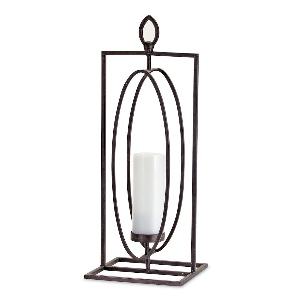 Set of Two Black Iron Ornate Tabletop Hurricane Candle Holders