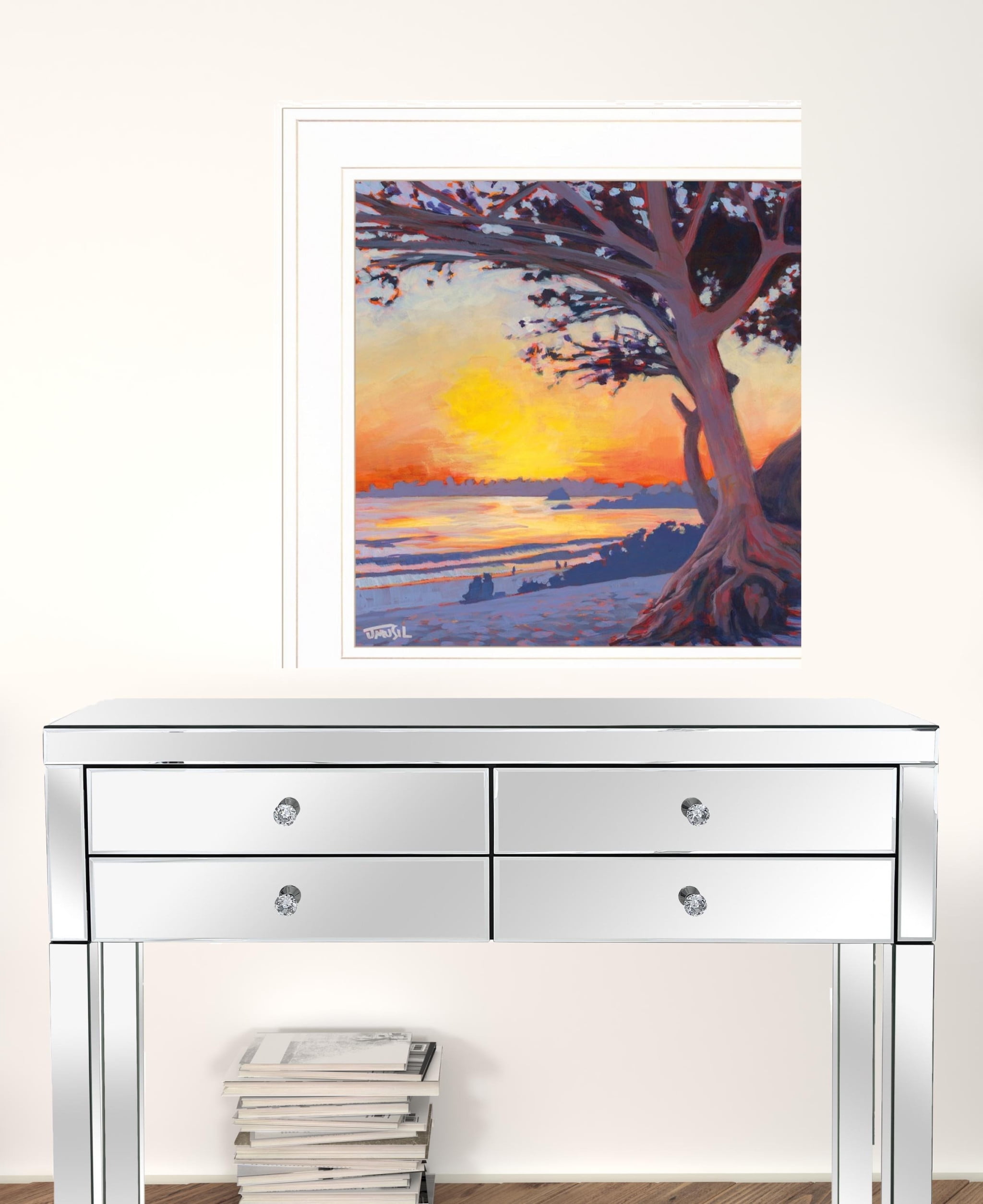 White Framed Beach and Lighthouse Print Set
