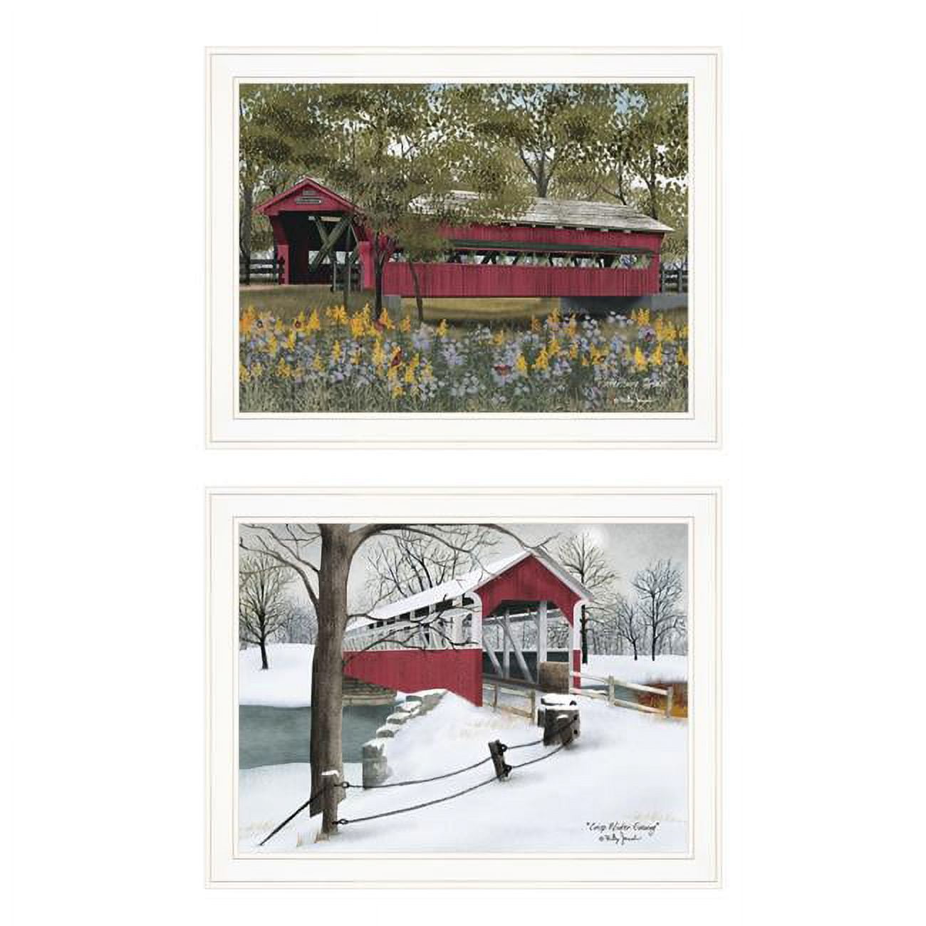 Set of Two White Framed Covered Bridge Prints Wall Art