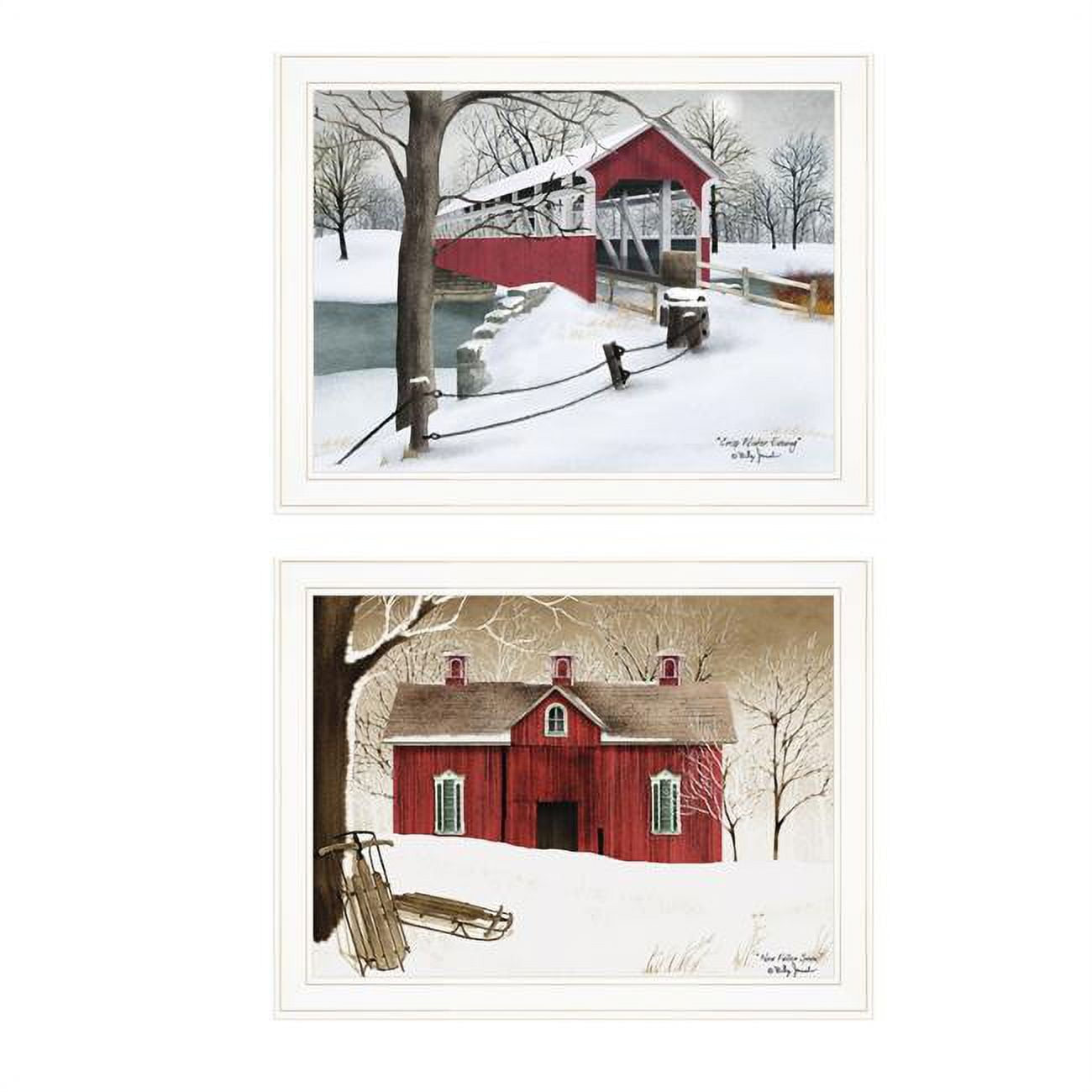 Set of Two Red Barn and Bridge Winter Scene Framed Prints